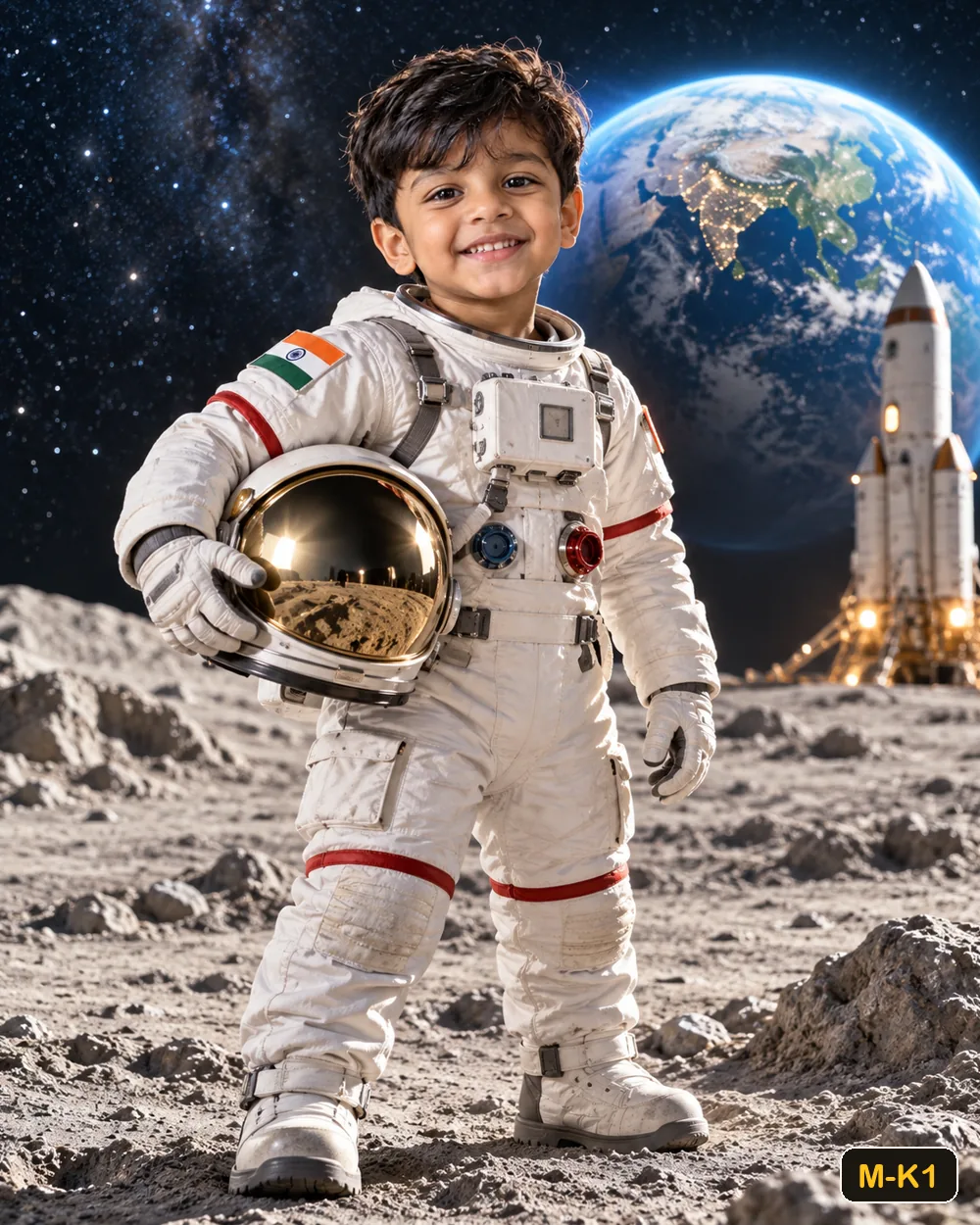 After: the same boy as an astronaut on the moon